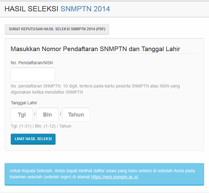 Form Hasil Seleksi SNMPTN 2014